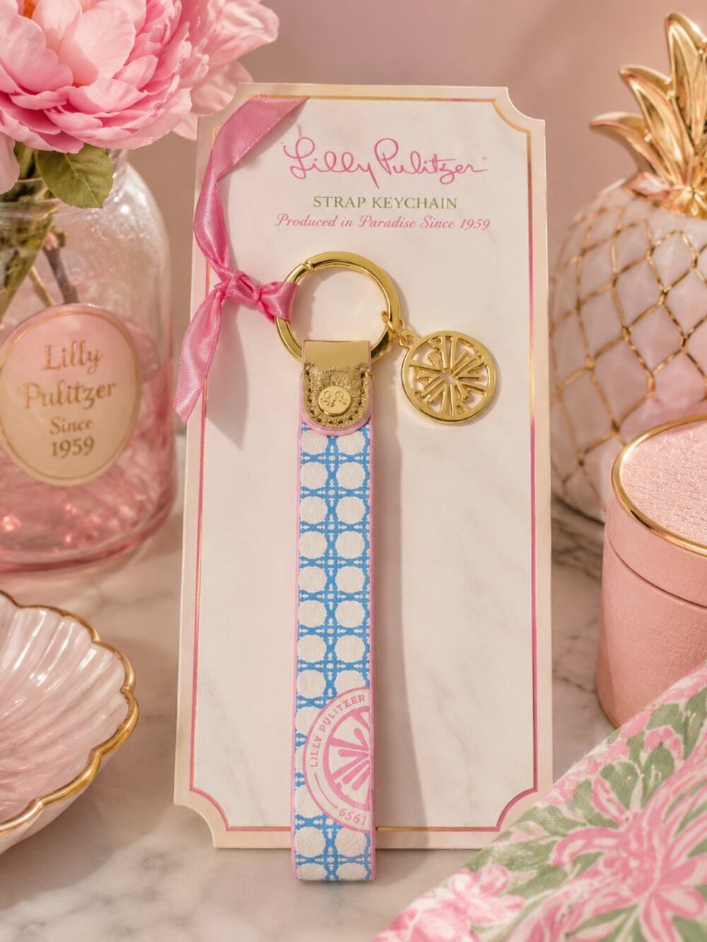 Lilly Pulitzer Frenchie Blue Caning Strap Keychain Medallion Charm NWT